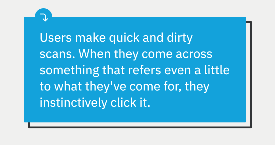 Users make quick and dirty scans. When they come across something that refers even a little to what they've come for, they instinctively click it.